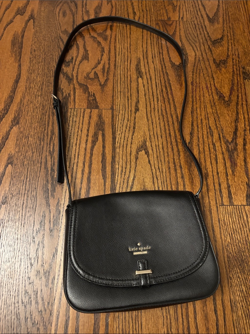 kate spade Black Leather Crossbody Saddle Bag with Gold Accent